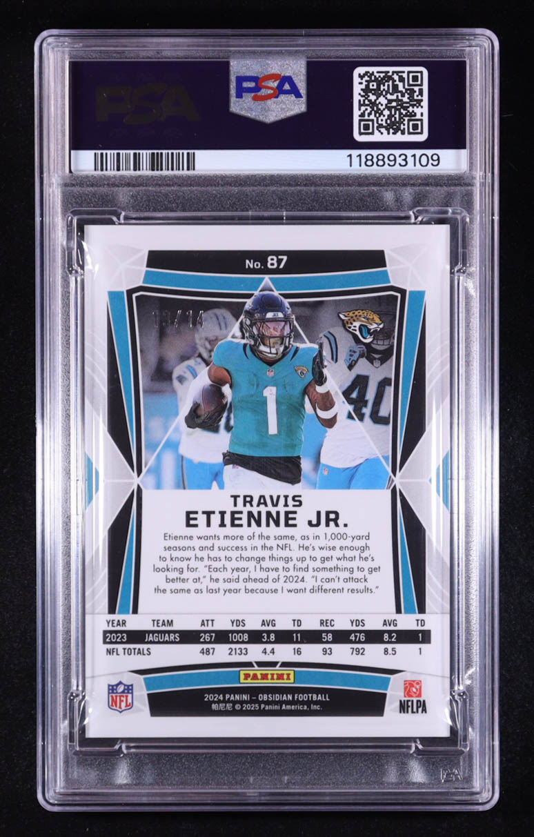 Travis Etienne Jr. 2024 Panini Obsidian Molten FOTL #87 #13/14 (PSA 9) at PristineAuction.com Travis Etienne Jr. 2024 Panini Obsidian Molten FOTL #87 #13/14 (PSA 9) at PristineAuction.com