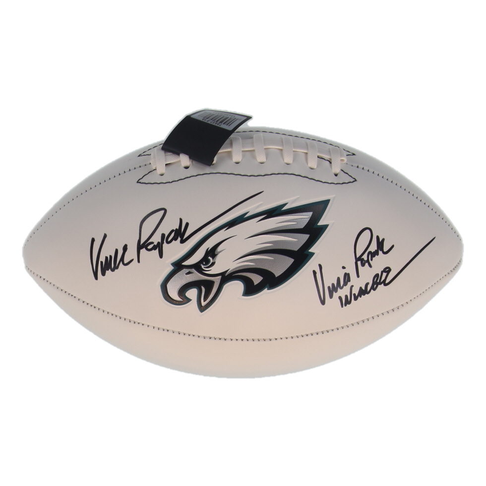 Vince Papale Twice-Signed Eagles Logo White Panel Football Inscribed "Invincible" (JSA) at PristineAuction.com Vince Papale Twice-Signed Eagles Logo White Panel Football Inscribed "Invincible" (JSA) at PristineAuction.com