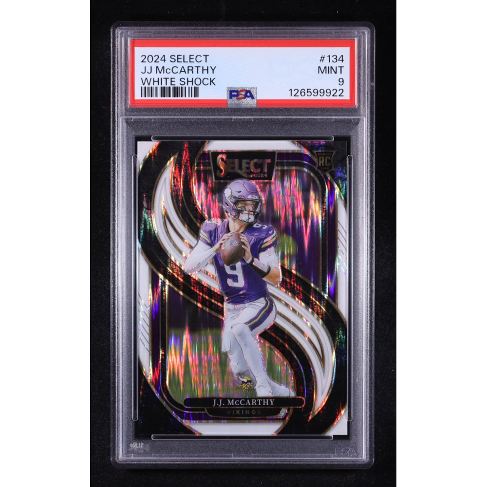 JJ McCarthy 2024 Select Prizm White Shock #134 RC #077/199 (PSA 9) at PristineAuction.com