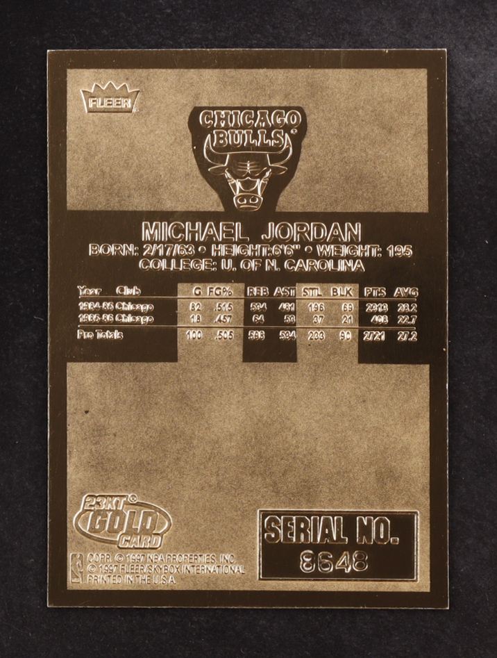 Michael Jordan 1997 Fleer Premier Feel the Game 23KT Gold Card at PristineAuction.com Michael Jordan 1997 Fleer Premier Feel the Game 23KT Gold Card at PristineAuction.com