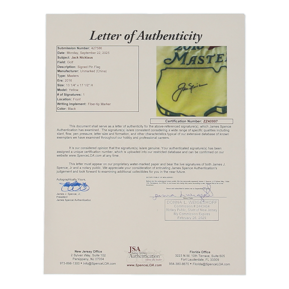 Jack Nicklaus Signed 2016 Masters Tournament Pin Flag (JSA) at PristineAuction.com Jack Nicklaus Signed 2016 Masters Tournament Pin Flag (JSA) at PristineAuction.com
