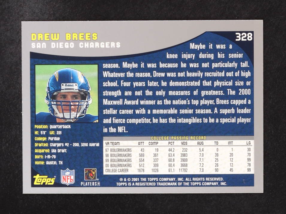 Drew Brees 2001 Topps #328 RC at PristineAuction.com Drew Brees 2001 Topps #328 RC at PristineAuction.com