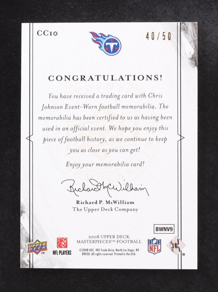 Chris Johnson 2008 UD Masterpieces Captured on Canvas Jerseys Patch #CC10 #40/50 RC at PristineAuction.com Chris Johnson 2008 UD Masterpieces Captured on Canvas Jerseys Patch #CC10 #40/50 RC at PristineAuction.com