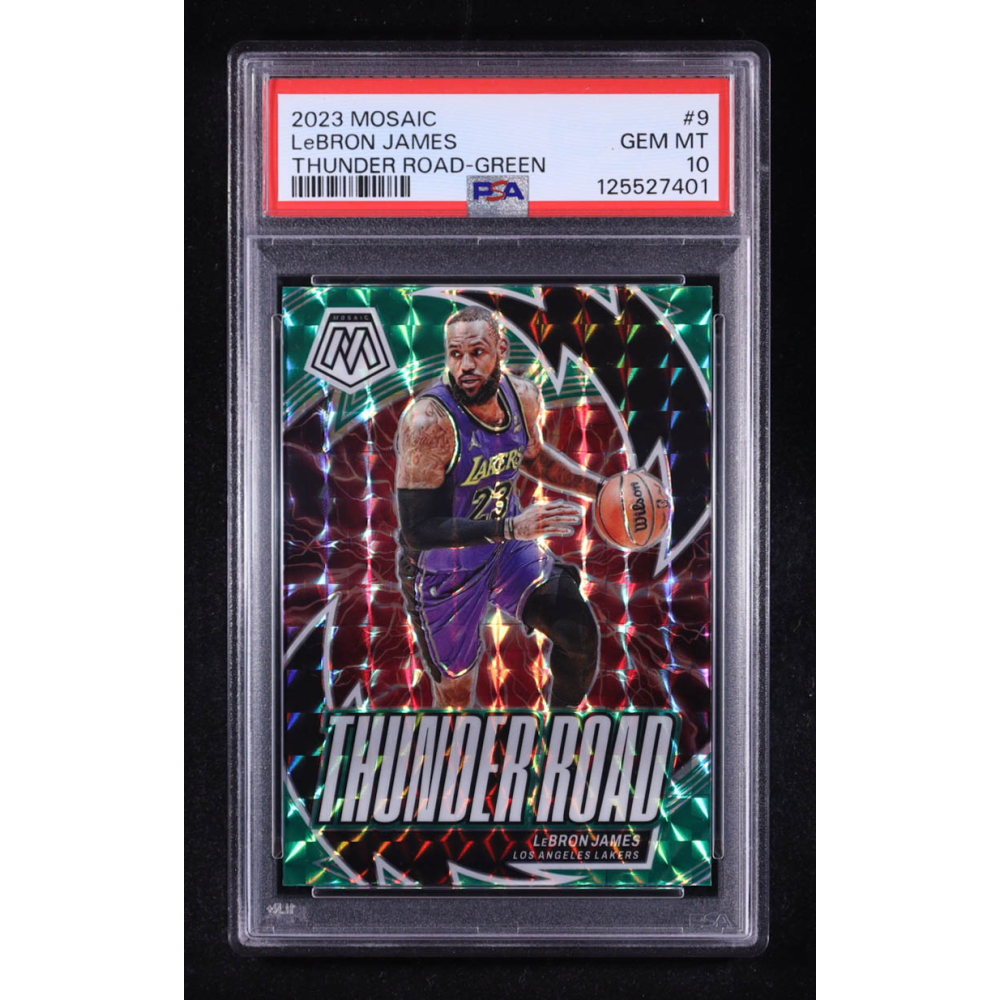 LeBron James 2023-24 Panini Mosaic Thunder Road Mosaic Green #9 (PSA 10) at PristineAuction.com