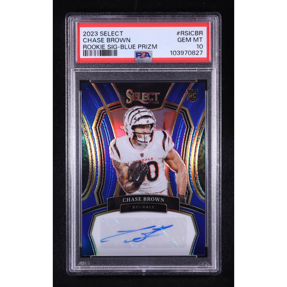 Chase Brown 2023 Select Rookie Signatures Prizm Blue #10 RC #92/99 (PSA 10) at PristineAuction.com