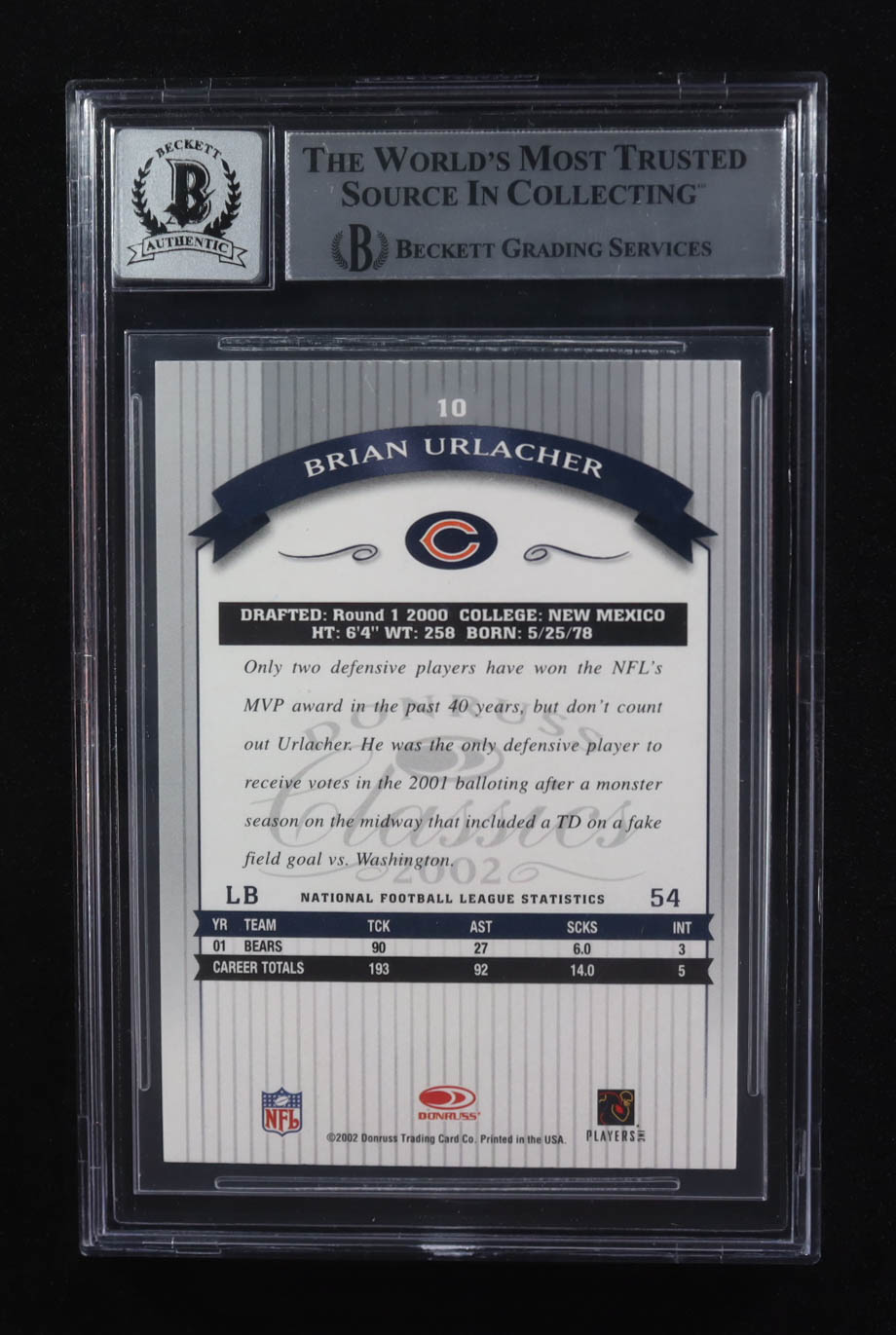 Brian Urlacher Signed 2002 Donruss Classics #10 (BGS | Autograph Graded BGS 10) at PristineAuction.com Brian Urlacher Signed 2002 Donruss Classics #10 (BGS | Autograph Graded BGS 10) at PristineAuction.com