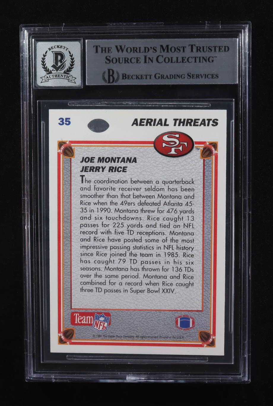 Jerry Rice / Joe Montana Signed 1991 Upper Deck Aerial Threats #35 (BGS | Autograph Graded BGS 10) at PristineAuction.com Jerry Rice / Joe Montana Signed 1991 Upper Deck Aerial Threats #35 (BGS | Autograph Graded BGS 10) at PristineAuction.com