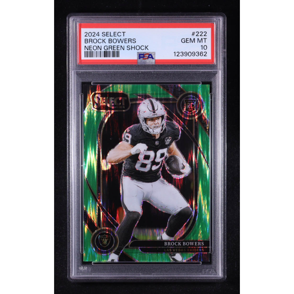 Brock Bowers 2024 Select Prizm Neon Green Shock #222 RC #461/499 (PSA 10) at PristineAuction.com