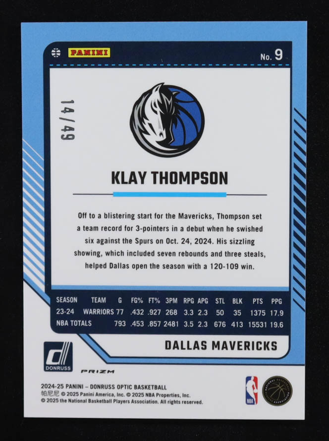 Klay Thompson 2024-25 Donruss Optic Blue #9 #14/49 at PristineAuction.com Klay Thompson 2024-25 Donruss Optic Blue #9 #14/49 at PristineAuction.com