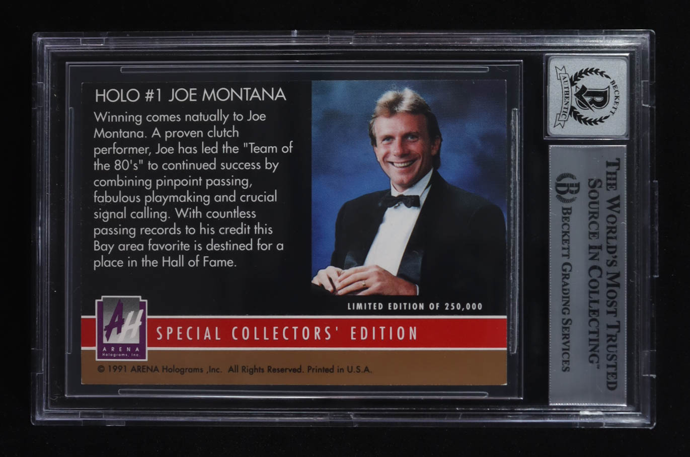 Joe Montana Signed 1991 Arena Holograms Special Collectors Edition #1 (BGS | Autograph Graded BGS 10) at PristineAuction.com Joe Montana Signed 1991 Arena Holograms Special Collectors Edition #1 (BGS | Autograph Graded BGS 10) at PristineAuction.com