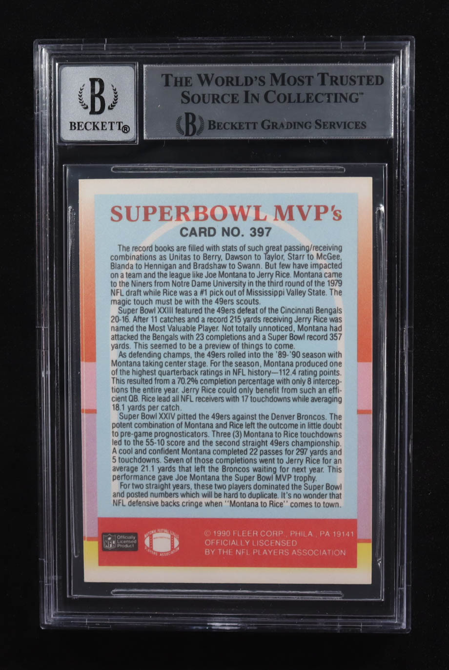 Jerry Rice / Joe Montana Signed 1990 Fleer Super Bowl MVP's #397 (BGS | Autograph Graded BGS 10) at PristineAuction.com Jerry Rice / Joe Montana Signed 1990 Fleer Super Bowl MVP's #397 (BGS | Autograph Graded BGS 10) at PristineAuction.com