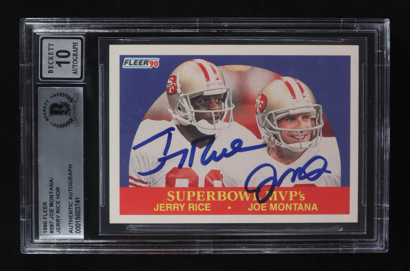 Jerry Rice / Joe Montana Signed 1990 Fleer Super Bowl MVP's #397 (BGS | Autograph Graded BGS 10) at PristineAuction.com Jerry Rice / Joe Montana Signed 1990 Fleer Super Bowl MVP's #397 (BGS | Autograph Graded BGS 10) at PristineAuction.com