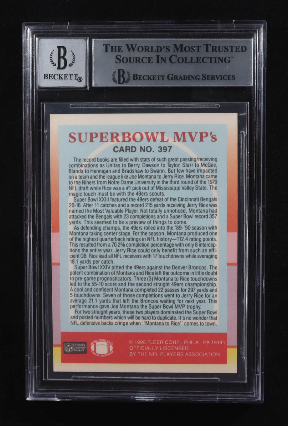Jerry Rice / Joe Montana Signed 1990 Fleer Super Bowl MVP's #397 (BGS | Autograph Graded BGS 10) at PristineAuction.com Jerry Rice / Joe Montana Signed 1990 Fleer Super Bowl MVP's #397 (BGS | Autograph Graded BGS 10) at PristineAuction.com