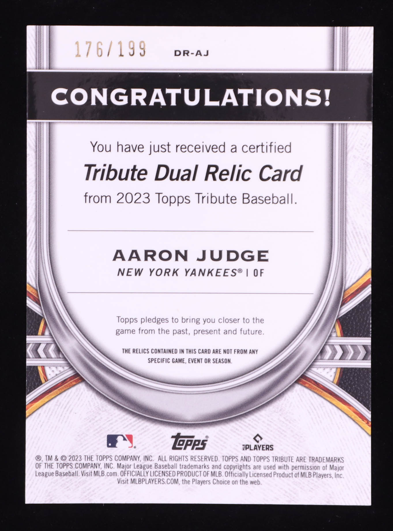 Aaron Judge 2023 Topps Tribute Dual Relics #DRAJ #176/199 at PristineAuction.com Aaron Judge 2023 Topps Tribute Dual Relics #DRAJ #176/199 at PristineAuction.com