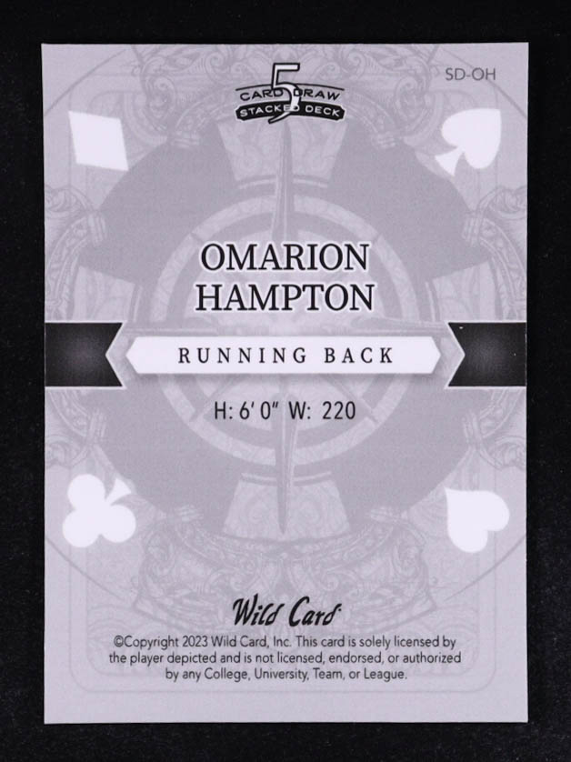 Omarion Hampton 2023 Wild Card 5 Card Draw Stacked Deck Ace of Diamonds Orange Rainbow Foil #SD-OH #5/5 RC at PristineAuction.com Omarion Hampton 2023 Wild Card 5 Card Draw Stacked Deck Ace of Diamonds Orange Rainbow Foil #SD-OH #5/5 RC at PristineAuction.com