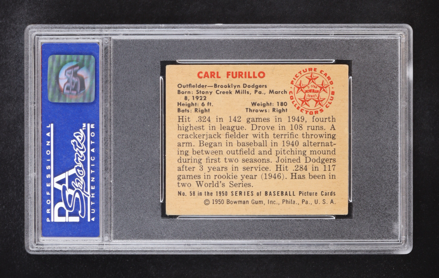 Carl Furillo 1950 Bowman #58 (PSA 4) at PristineAuction.com Carl Furillo 1950 Bowman #58 (PSA 4) at PristineAuction.com