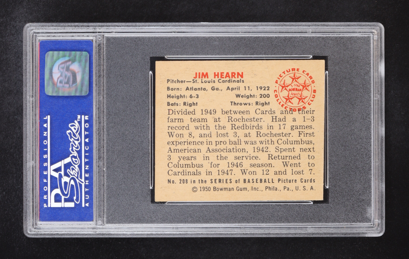 Jim Hearn 1950 Bowman #208 (PSA 7) at PristineAuction.com Jim Hearn 1950 Bowman #208 (PSA 7) at PristineAuction.com