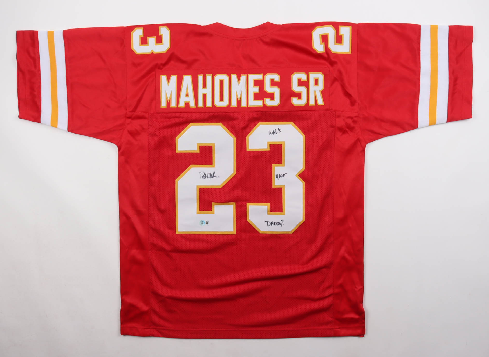 Patrick Mahomes Sr. Signed Jersey Inscribed "Who's Your Daddy?" (Beckett) at PristineAuction.com Patrick Mahomes Sr. Signed Jersey Inscribed "Who's Your Daddy?" (Beckett) at PristineAuction.com