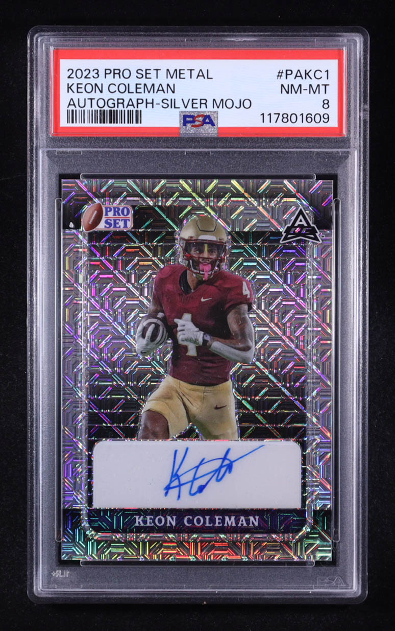Keon Coleman 2023 Pro Set Metal Autograph Silver Mojo #PAKC1 RC #2/20 (PSA 8) at PristineAuction.com Keon Coleman 2023 Pro Set Metal Autograph Silver Mojo #PAKC1 RC #2/20 (PSA 8) at PristineAuction.com
