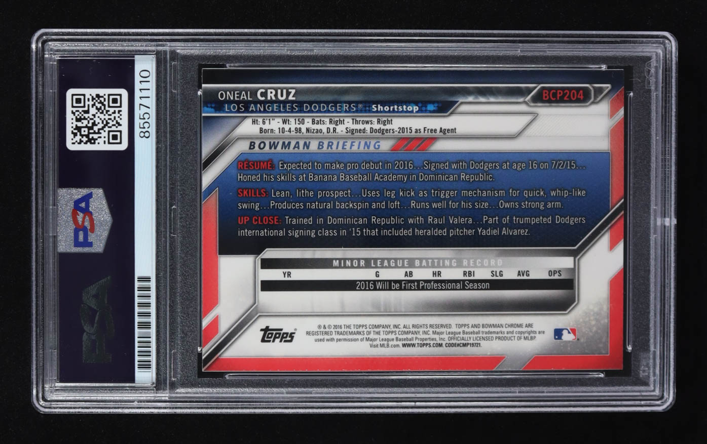 Oneil Cruz Signed 2016 Topps Bowman Chrome 1st #BCP204 RC (PSA | Autograph Graded PSA 10) at PristineAuction.com Oneil Cruz Signed 2016 Topps Bowman Chrome 1st #BCP204 RC (PSA | Autograph Graded PSA 10) at PristineAuction.com