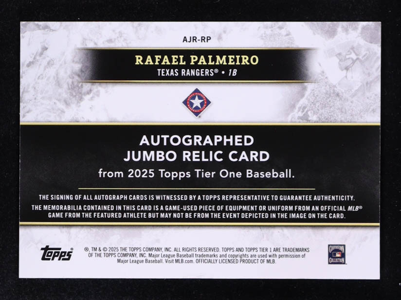 Rafael Palmeiro 2025 Topps Tier One Jumbo Relic Autographs Blue #AJRRP #23/99 at PristineAuction.com Rafael Palmeiro 2025 Topps Tier One Jumbo Relic Autographs Blue #AJRRP #23/99 at PristineAuction.com