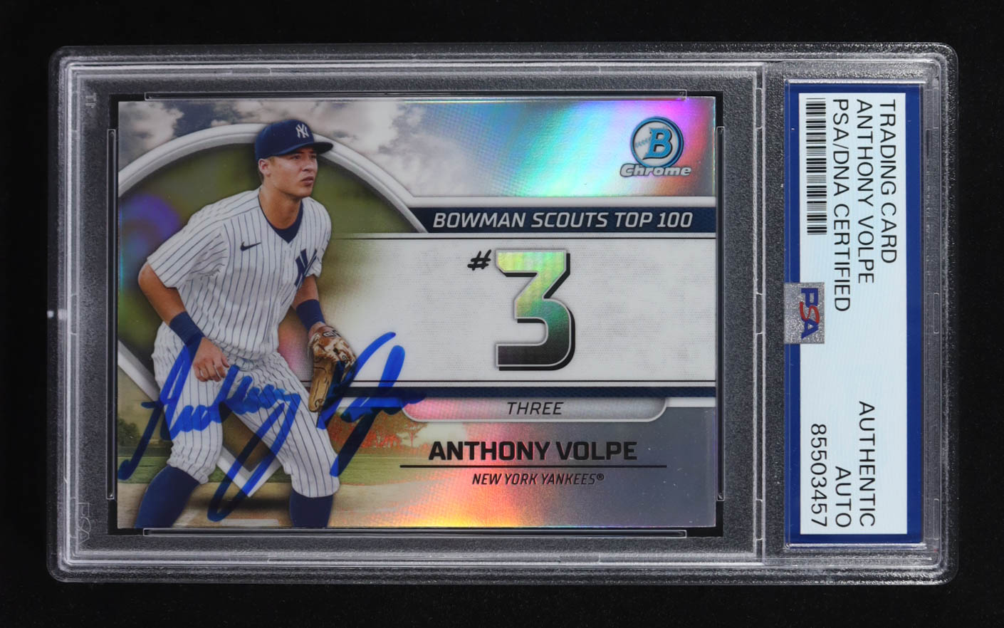 Anthony Volpe Signed 2023 Topps Bowman Chrome Scouts Top 100 #BTP-3 RC (PSA) at PristineAuction.com Anthony Volpe Signed 2023 Topps Bowman Chrome Scouts Top 100 #BTP-3 RC (PSA) at PristineAuction.com