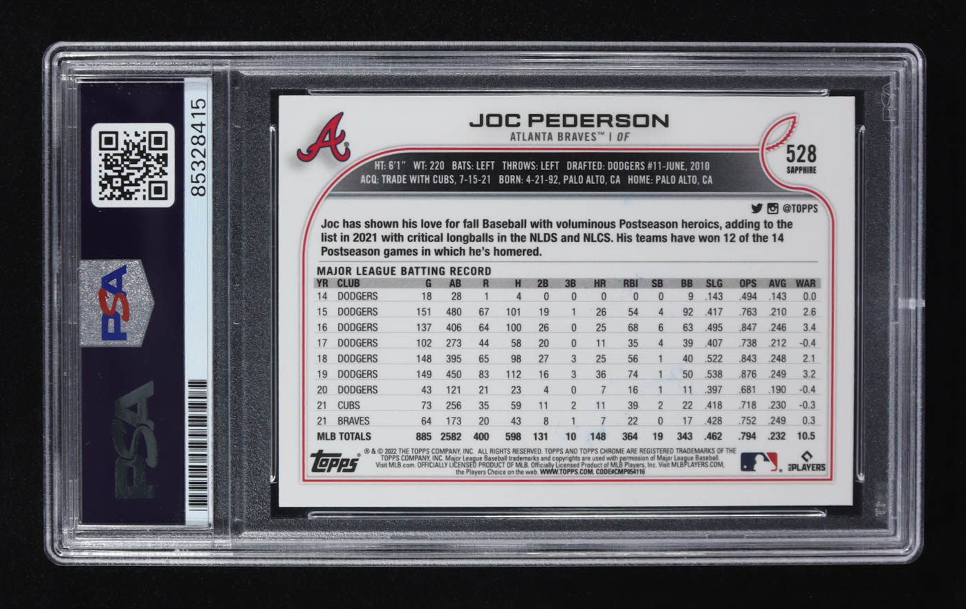 Joc Pederson Signed 2022 Topps Chrome Sapphire #528 (PSA) at PristineAuction.com Joc Pederson Signed 2022 Topps Chrome Sapphire #528 (PSA) at PristineAuction.com