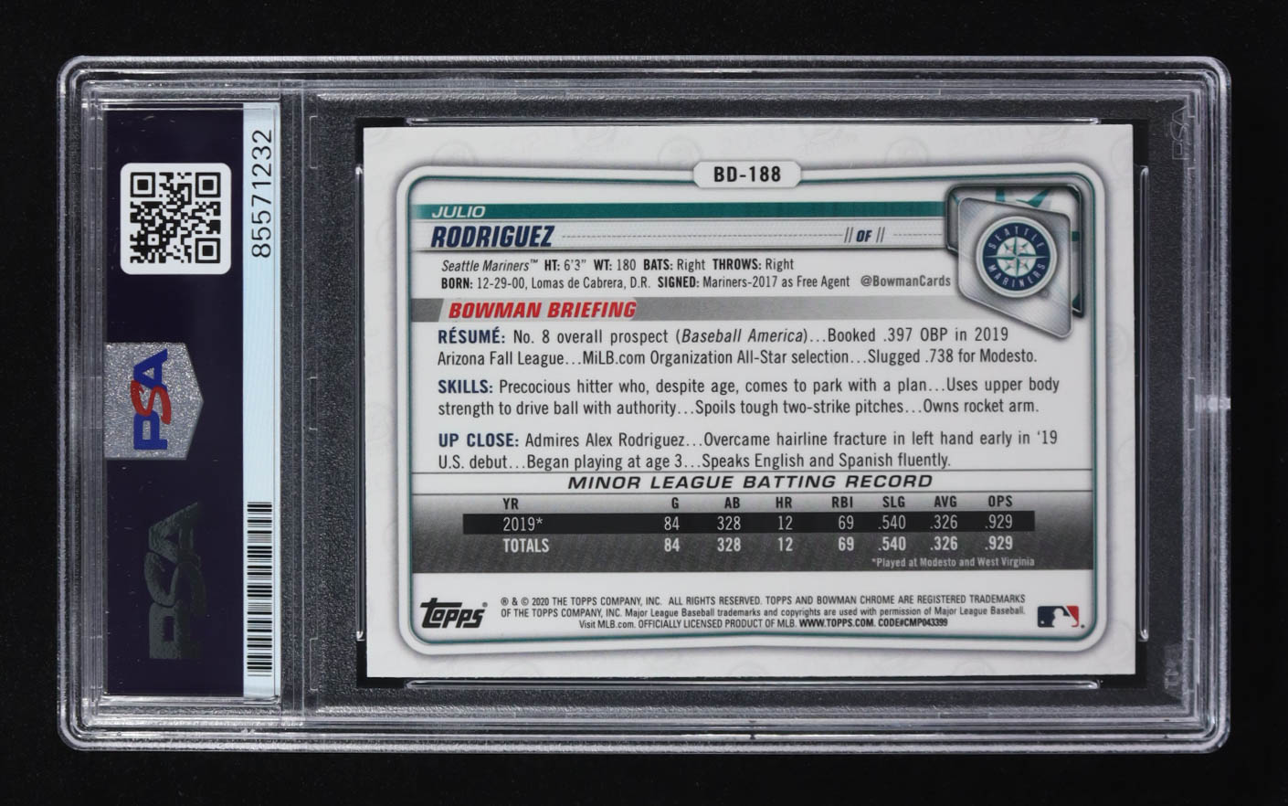 Julio Rodriguez Signed 2020 Topps Bowman Chrome Blue Shimmer Refractor #BD-188 RC (PSA | Autograph Graded PSA 10) at PristineAuction.com Julio Rodriguez Signed 2020 Topps Bowman Chrome Blue Shimmer Refractor #BD-188 RC (PSA | Autograph Graded PSA 10) at PristineAuction.com