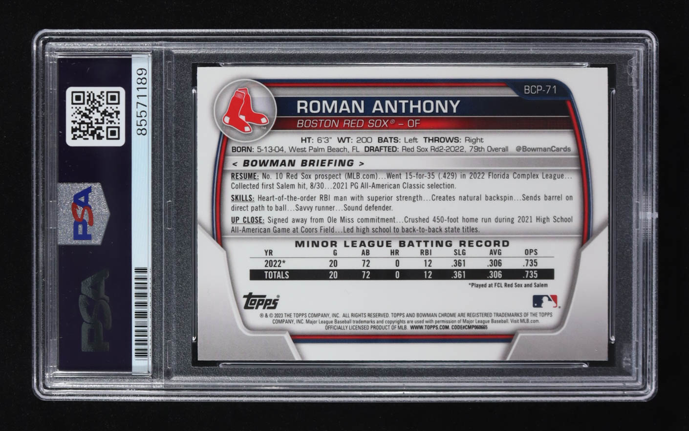 Roman Anthony Signed 2023 Topps Bowman Chrome 1st #BCP-71 RC (PSA | Autograph Graded PSA 10) at PristineAuction.com Roman Anthony Signed 2023 Topps Bowman Chrome 1st #BCP-71 RC (PSA | Autograph Graded PSA 10) at PristineAuction.com