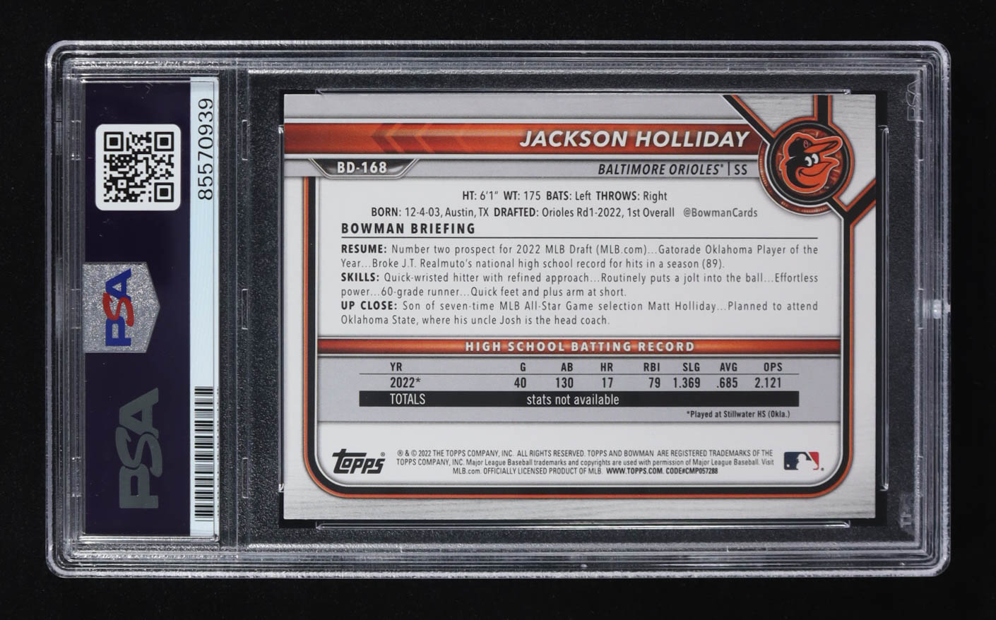 Jackson Holliday Signed 2022 Topps Bowman 1st #BD-168 RC (PSA) at PristineAuction.com Jackson Holliday Signed 2022 Topps Bowman 1st #BD-168 RC (PSA) at PristineAuction.com