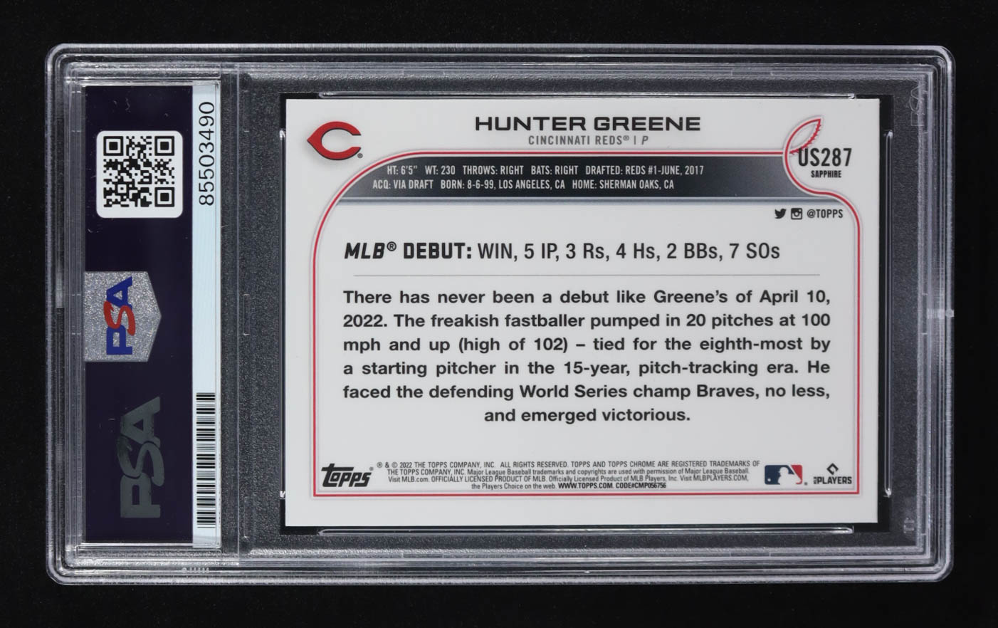Hunter Greene Signed 2022 Topps Chrome Sapphire #US287 RC (PSA) at PristineAuction.com Hunter Greene Signed 2022 Topps Chrome Sapphire #US287 RC (PSA) at PristineAuction.com