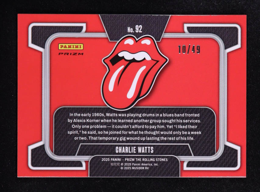 Charlie Watts 2025 Panini Prizm The Rolling Stones Prizms Tie-Dye #92 #10/49 at PristineAuction.com Charlie Watts 2025 Panini Prizm The Rolling Stones Prizms Tie-Dye #92 #10/49 at PristineAuction.com