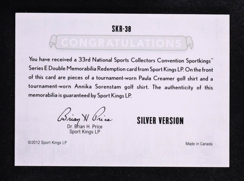Paula Creamer / Annika Sorenstam 2012 Sports King Series E 33rd National Game-Used Memorabilia #SKR38 at PristineAuction.com Paula Creamer / Annika Sorenstam 2012 Sports King Series E 33rd National Game-Used Memorabilia #SKR38 at PristineAuction.com