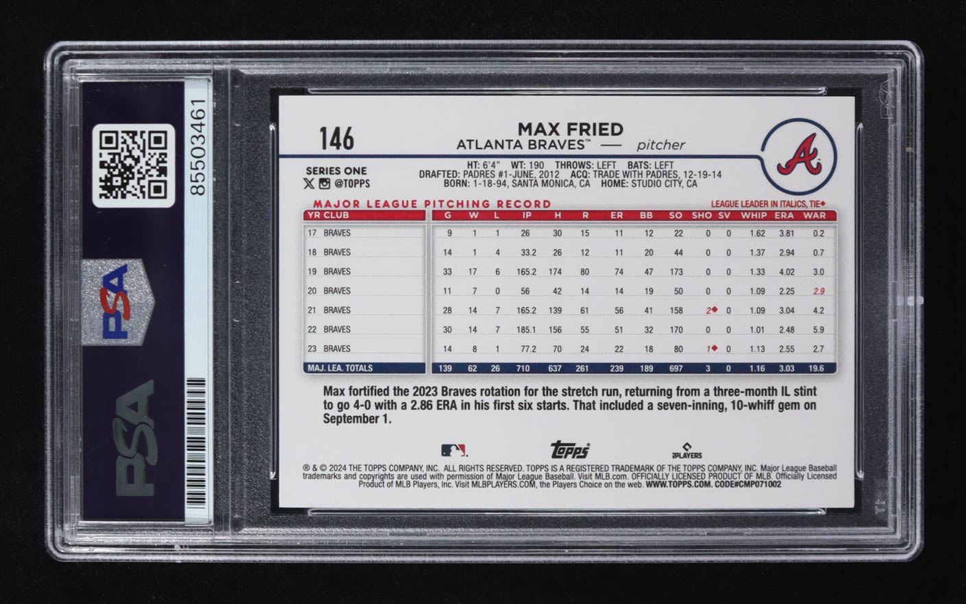 Max Fried Signed 2024 Topps Series One #146 (PSA) at PristineAuction.com Max Fried Signed 2024 Topps Series One #146 (PSA) at PristineAuction.com