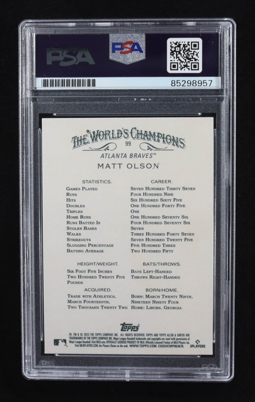 Matt Olson Signed 2023 Topps Allen & Ginter #99 (PSA) at PristineAuction.com Matt Olson Signed 2023 Topps Allen & Ginter #99 (PSA) at PristineAuction.com