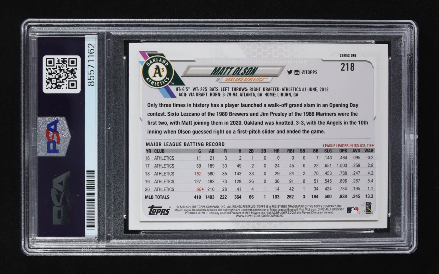 Matt Olson Signed 2021 Topps Series One #218 (PSA | Autograph Graded PSA 10) at PristineAuction.com Matt Olson Signed 2021 Topps Series One #218 (PSA | Autograph Graded PSA 10) at PristineAuction.com