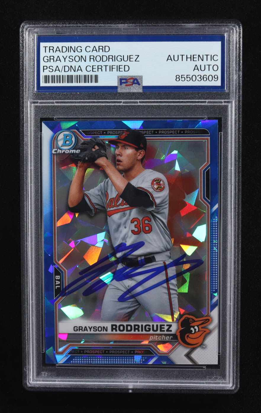 Grayson Rodriguez Signed 2021 Topps Bowman Chrome Prospect #BCP-118 RC (PSA) at PristineAuction.com Grayson Rodriguez Signed 2021 Topps Bowman Chrome Prospect #BCP-118 RC (PSA) at PristineAuction.com