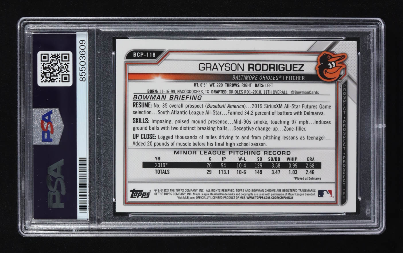 Grayson Rodriguez Signed 2021 Topps Bowman Chrome Prospect #BCP-118 RC (PSA) at PristineAuction.com Grayson Rodriguez Signed 2021 Topps Bowman Chrome Prospect #BCP-118 RC (PSA) at PristineAuction.com