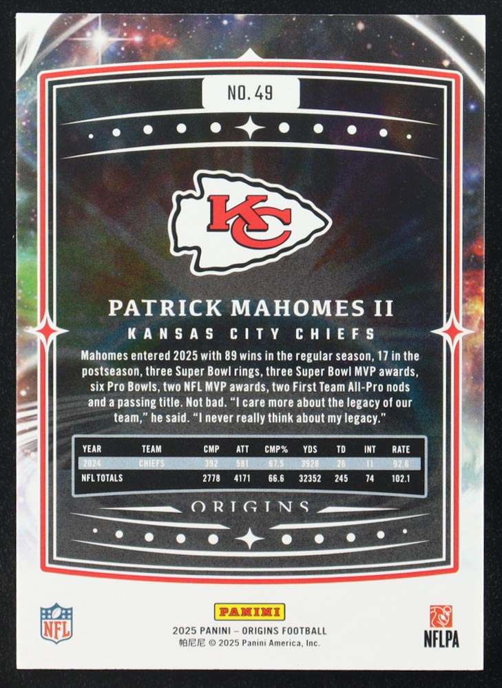 Patrick Mahomes II 2025 Panini Origins #49 at PristineAuction.com Patrick Mahomes II 2025 Panini Origins #49 at PristineAuction.com