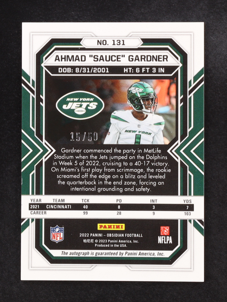 Ahmad Gardner 2022 Panini Obsidian Rookie Autographs Electric Etch Green #131 #15/50 RC at PristineAuction.com Ahmad Gardner 2022 Panini Obsidian Rookie Autographs Electric Etch Green #131 #15/50 RC at PristineAuction.com