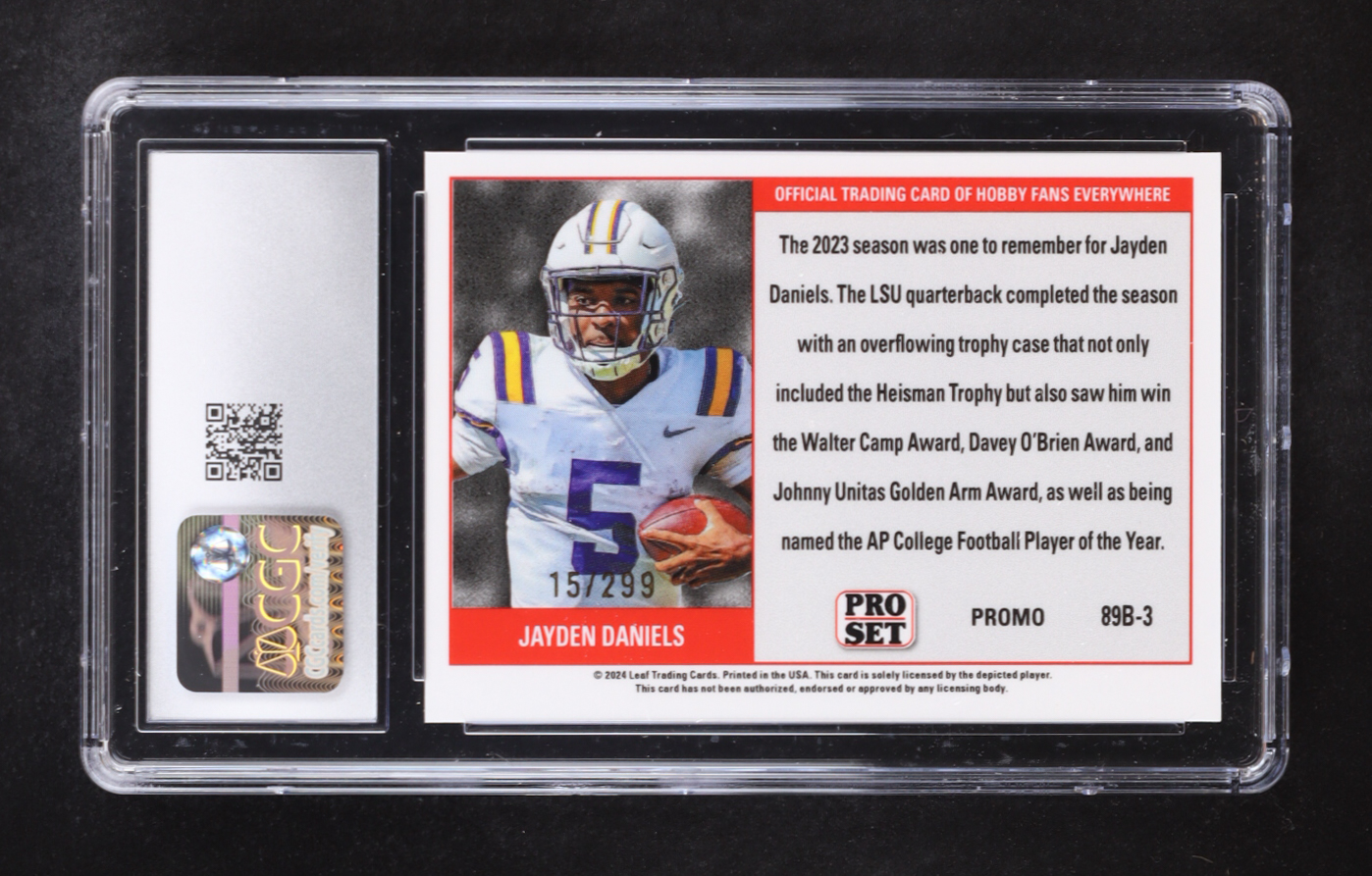 Jayden Daniels 2024 Leaf Collective Promo '89 Pro Set Shimmer Orange #89B3 #015/299 RC (CGC 10) at PristineAuction.com Jayden Daniels 2024 Leaf Collective Promo '89 Pro Set Shimmer Orange #89B3 #015/299 RC (CGC 10) at PristineAuction.com