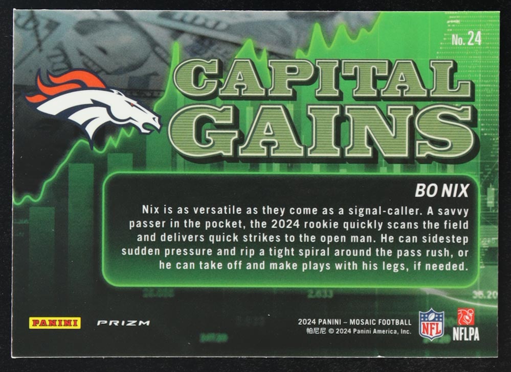 Bo Nix 2024 Panini Mosaic Capital Gains Silver #24 RC at PristineAuction.com Bo Nix 2024 Panini Mosaic Capital Gains Silver #24 RC at PristineAuction.com
