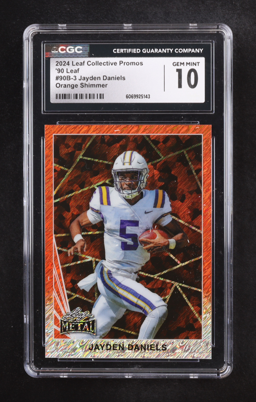 Jayden Daniels 2024 Leaf Collective Promo '90 Leaf Shimmer Orange #90B3 #158/299 RC (CGC 10) at PristineAuction.com Jayden Daniels 2024 Leaf Collective Promo '90 Leaf Shimmer Orange #90B3 #158/299 RC (CGC 10) at PristineAuction.com