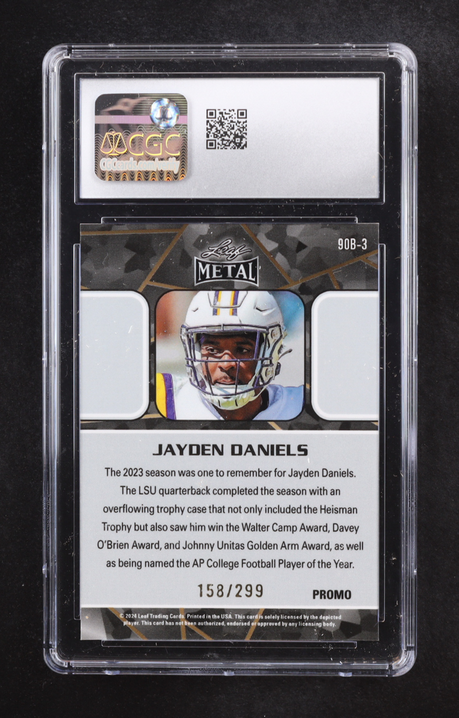 Jayden Daniels 2024 Leaf Collective Promo '90 Leaf Shimmer Orange #90B3 #158/299 RC (CGC 10) at PristineAuction.com Jayden Daniels 2024 Leaf Collective Promo '90 Leaf Shimmer Orange #90B3 #158/299 RC (CGC 10) at PristineAuction.com