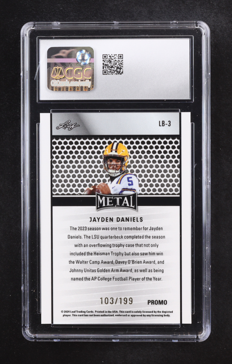 Jayden Daniels 2024 Leaf Collective Promo Leaf Shimmer Purple #LB3 #103/199 RC (CGC 10) at PristineAuction.com Jayden Daniels 2024 Leaf Collective Promo Leaf Shimmer Purple #LB3 #103/199 RC (CGC 10) at PristineAuction.com