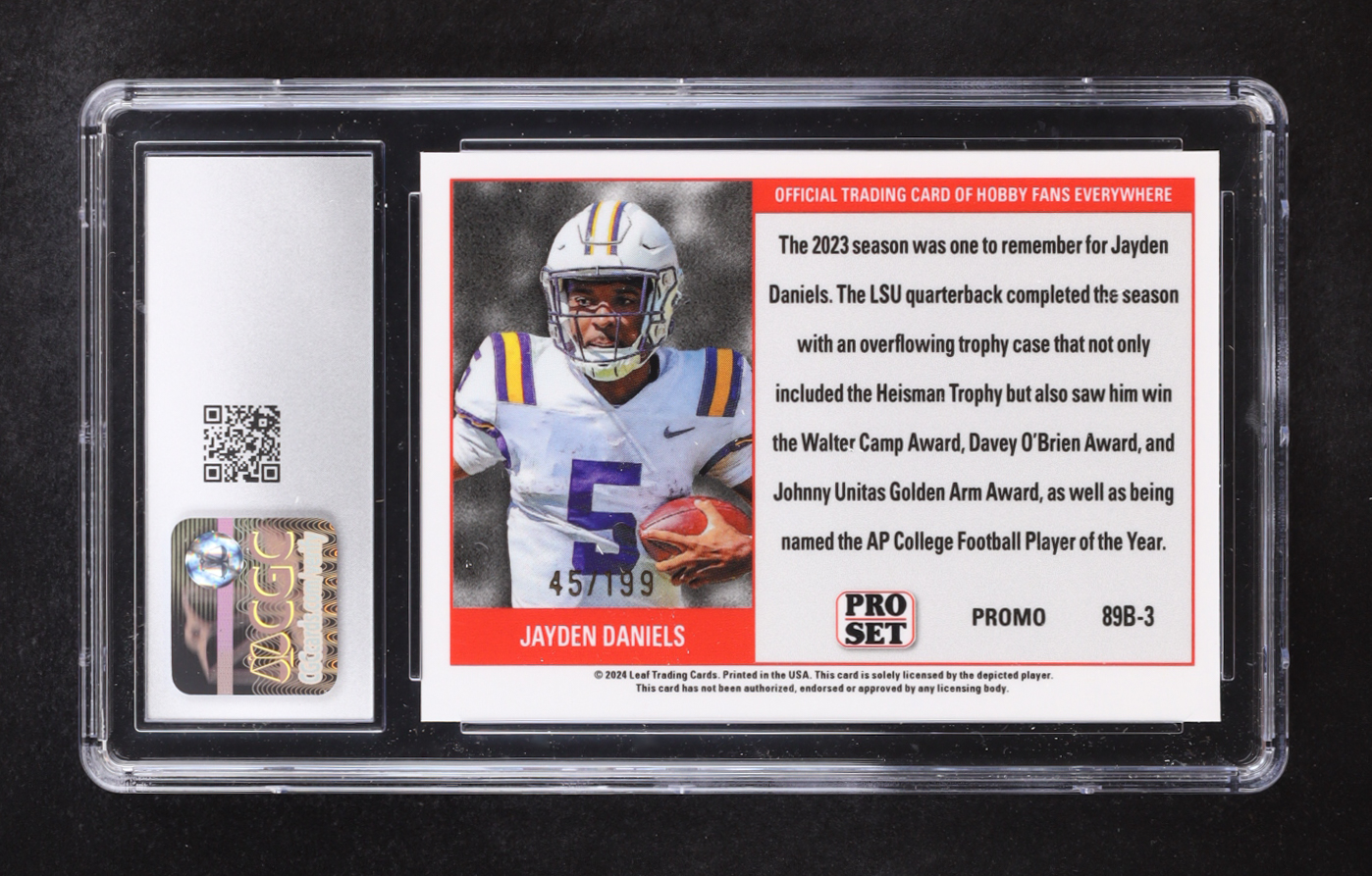Jayden Daniels 2024 Leaf Collective Promo '89 Pro Set Shimmer Purple #89B3 #045/199 RC (CGC 10) at PristineAuction.com Jayden Daniels 2024 Leaf Collective Promo '89 Pro Set Shimmer Purple #89B3 #045/199 RC (CGC 10) at PristineAuction.com