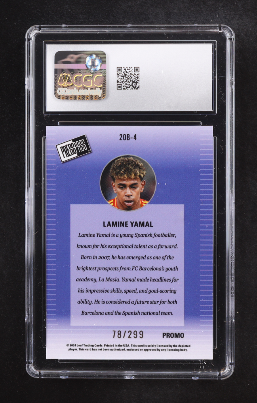 Lamine Yamal 2024 Leaf Collective Promo '00 Press Pass Shimmer Orange #20B4 #078/299 (CGC 10) at PristineAuction.com Lamine Yamal 2024 Leaf Collective Promo '00 Press Pass Shimmer Orange #20B4 #078/299 (CGC 10) at PristineAuction.com