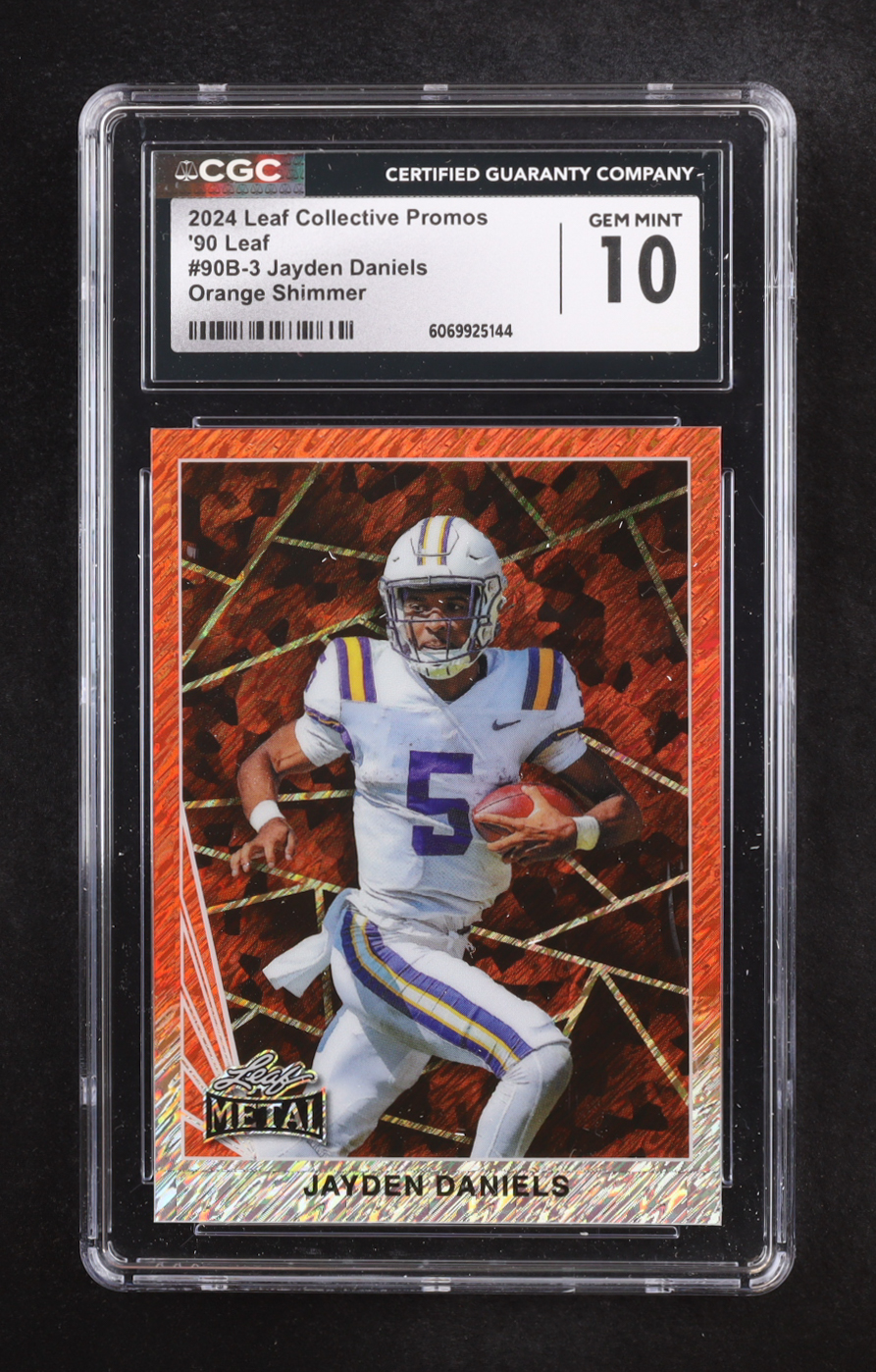 Jayden Daniels 2024 Leaf Collective Promo '90 Leaf Shimmer Orange #90B3 #001/299 RC (CGC 10) at PristineAuction.com Jayden Daniels 2024 Leaf Collective Promo '90 Leaf Shimmer Orange #90B3 #001/299 RC (CGC 10) at PristineAuction.com
