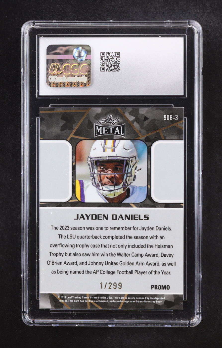 Jayden Daniels 2024 Leaf Collective Promo '90 Leaf Shimmer Orange #90B3 #001/299 RC (CGC 10) at PristineAuction.com Jayden Daniels 2024 Leaf Collective Promo '90 Leaf Shimmer Orange #90B3 #001/299 RC (CGC 10) at PristineAuction.com