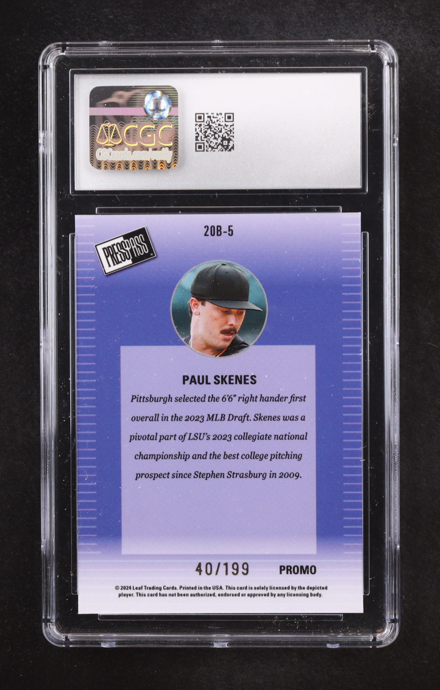 Paul Skenes 2024 Leaf Collective Promo '00 Press Pass Shimmer Purple #20B5 #040/199 RC (CGC 10) at PristineAuction.com Paul Skenes 2024 Leaf Collective Promo '00 Press Pass Shimmer Purple #20B5 #040/199 RC (CGC 10) at PristineAuction.com